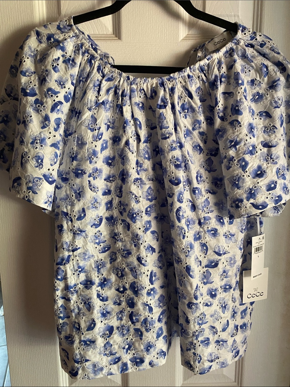 NWT CeCe White and Blue Floral Eyelet Blouse